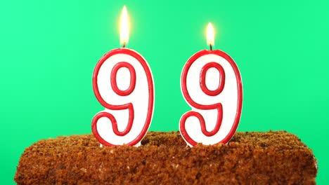 cake with the number 99 lighted candle. chroma key. green screen. isolated