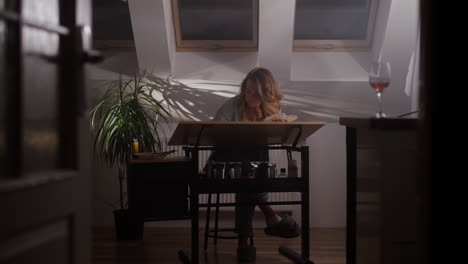 woman artist working at home in attic studio