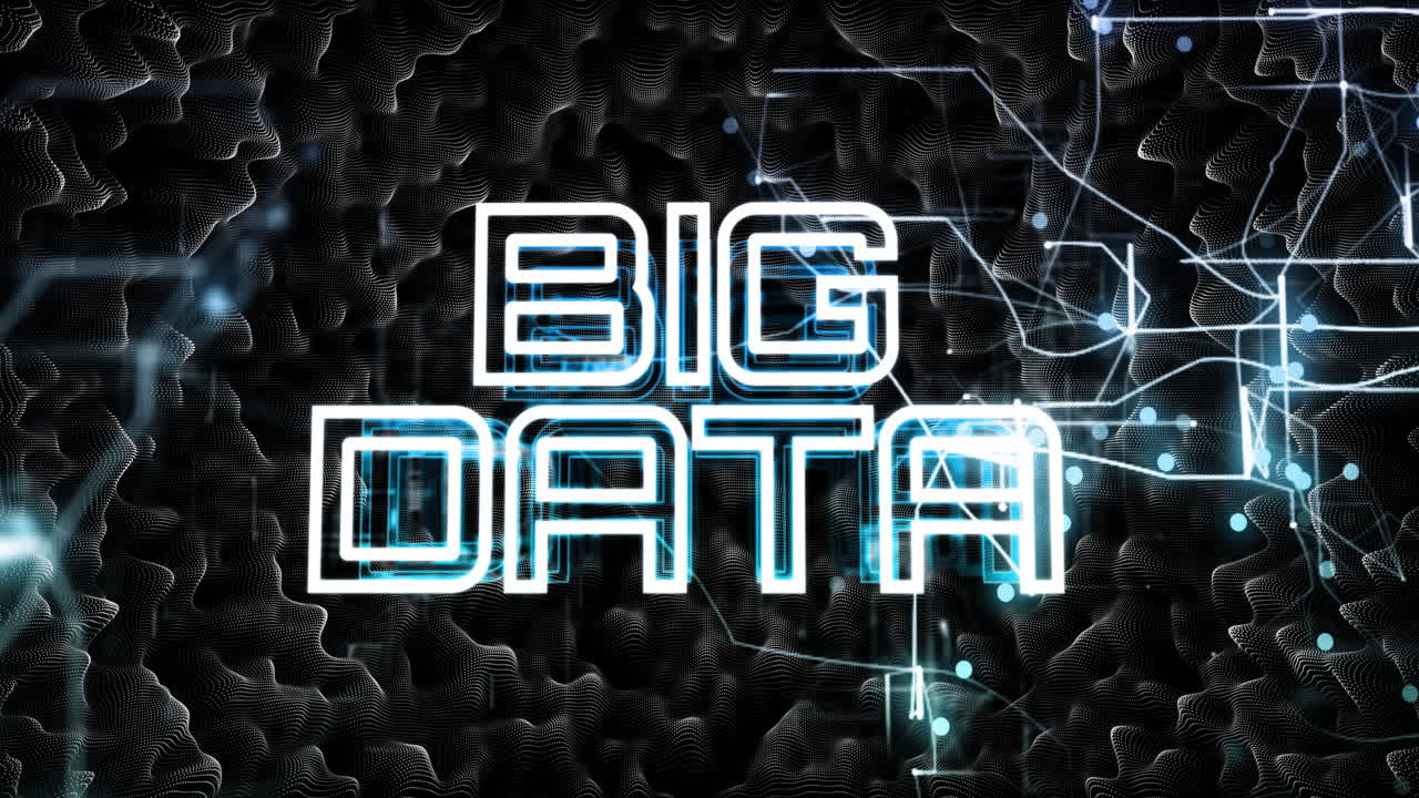 Animation of digital network with big data text and abstract patterns in background