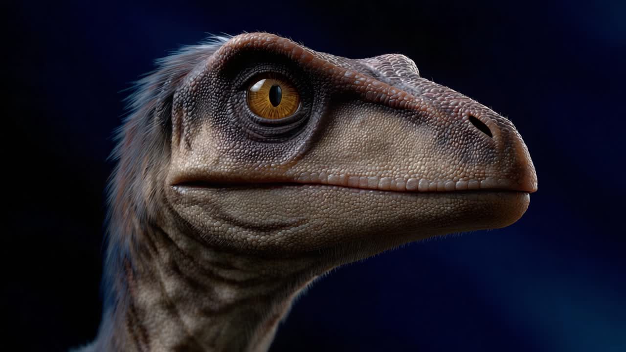 Esplorazione ravvicinata di un modello di dinosauro realistico con texture intricate e un'espressione accattivante in un'ambientazione con sfondo scuro