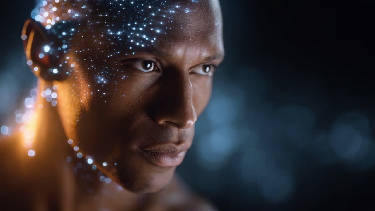 Un'accattivante rappresentazione di una figura con un motivo scintillante e stellato sulla testa, che incarna una fusione di tecnologia e umanità in uno spettacolo visivo ammaliante.