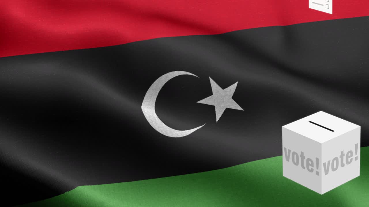Ballots fly to box for Libya selection - Ballot box in front of flag - Election - Vote - Flag Of Libya - Libya Flag High Detail - National flag Libya wave Pattern loopable Elements - Fabric texture and endless loop