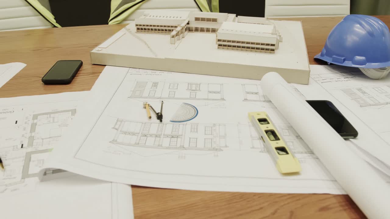 Close up of blueprints on table with helmet in architects' office