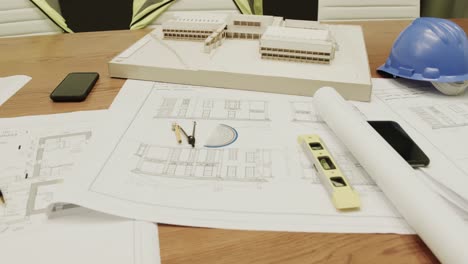 Close-up-of-blueprints-on-table-with-helmet-in-architects'-office