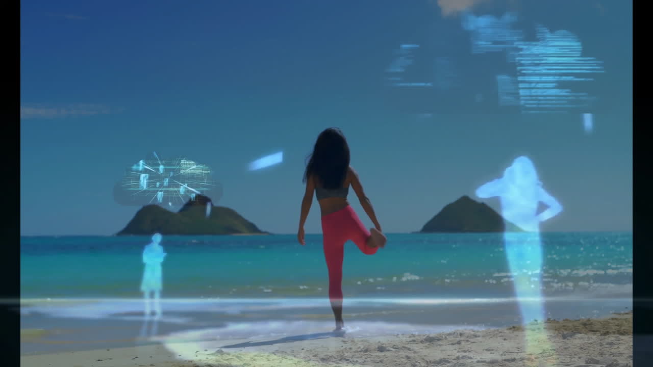 Stretching on beach, woman with digital animation over ocean background