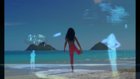 stretching on beach, woman with digital animation over ocean background