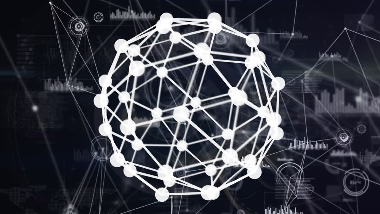 Animation of globe made of connections over network of connections on black background