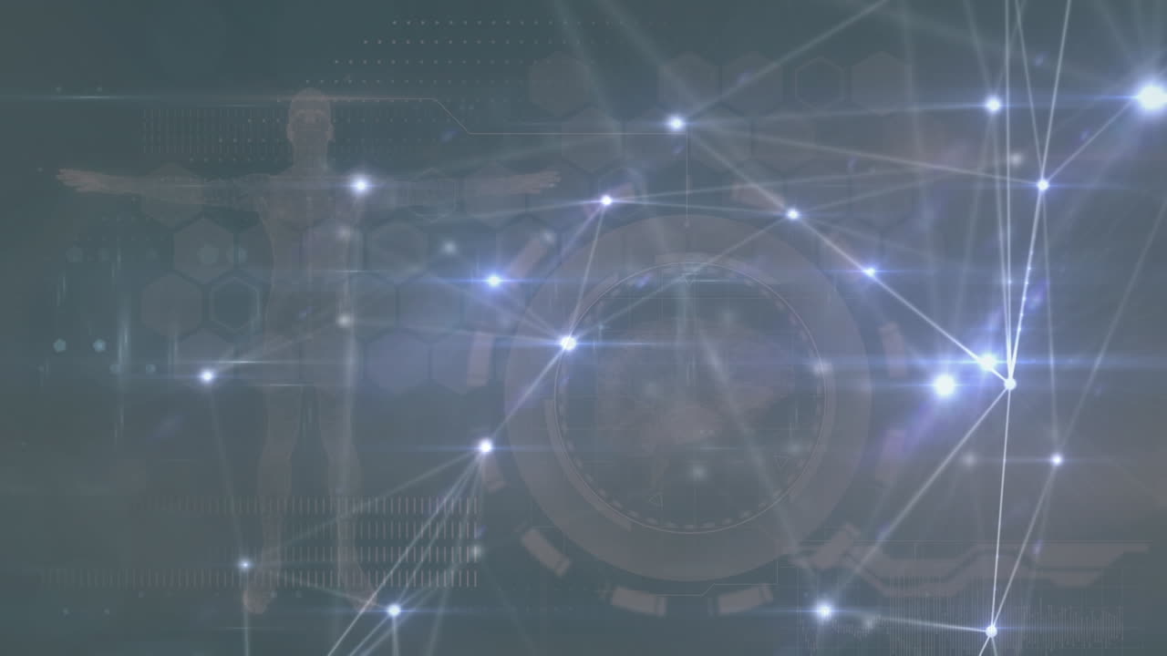 Animation of network of connections over data processing on grey background