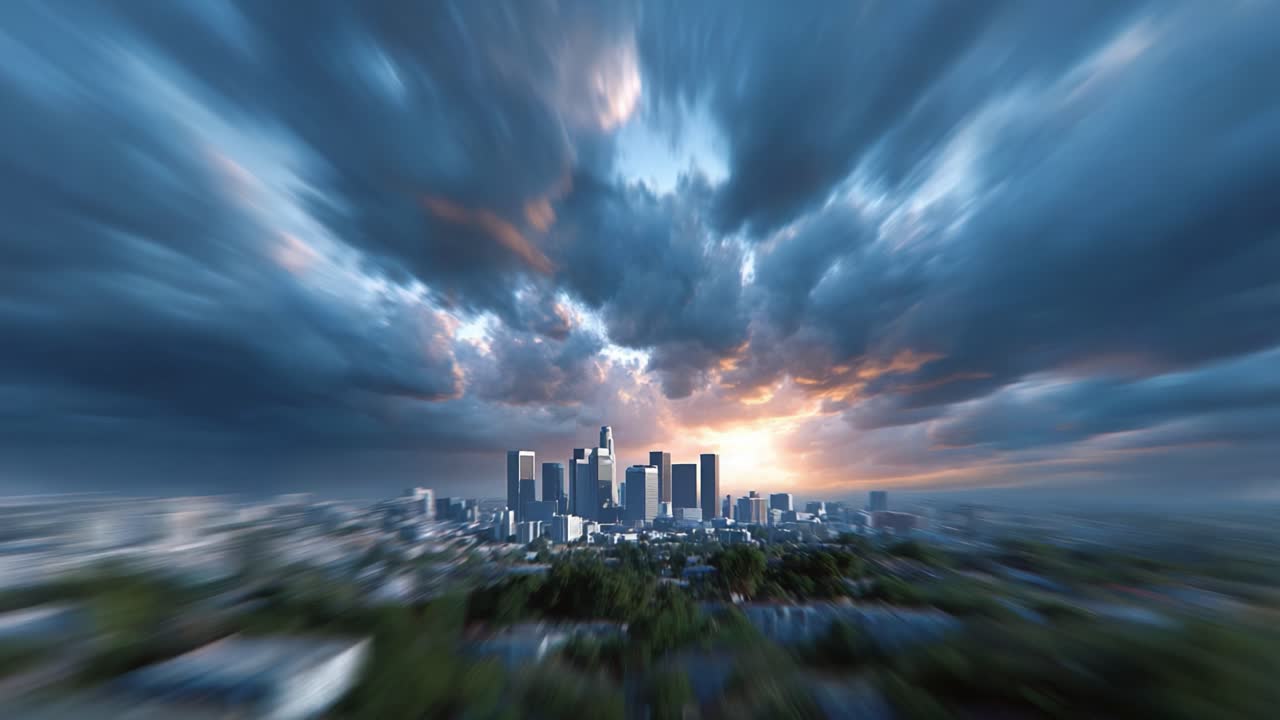 A Majestic Sunset Over a City Skyline: Dramatic Clouds and Urban Landscape Bathed in Golden Light Create a Breathtaking View of Cityscape