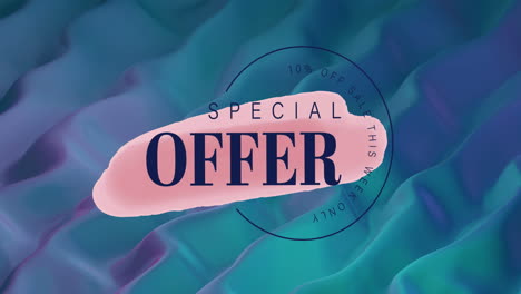 animación del texto de la oferta especial en fondo líquido rosa y azul