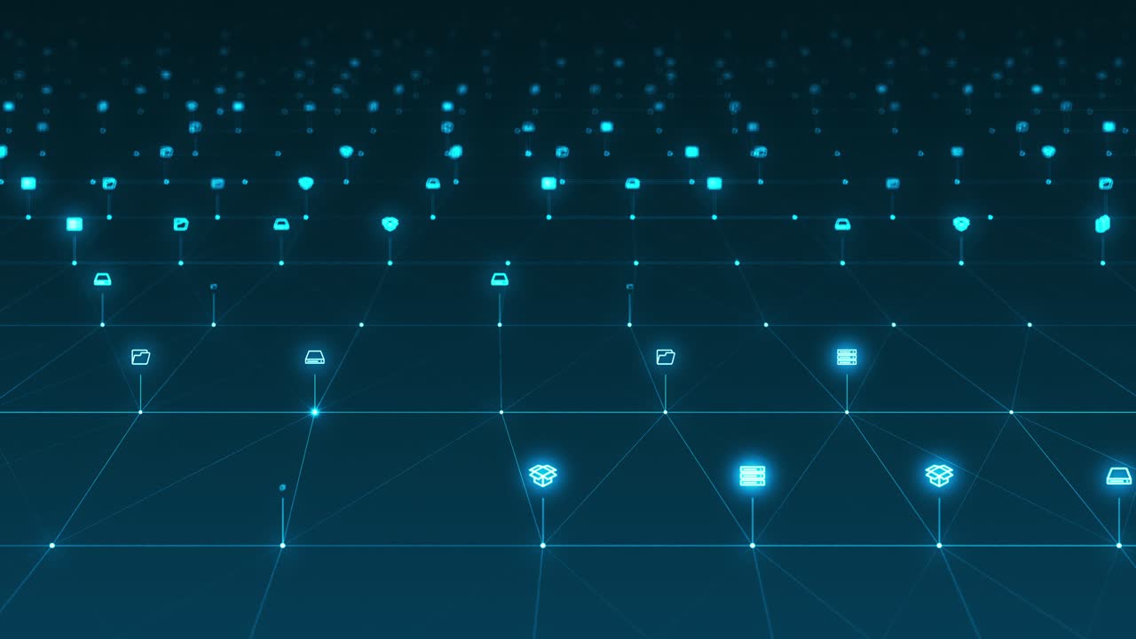 gráfico de movimiento de azul icono de estatua digital y línea vinculada conexión de red tecnología futurista concepto de fondo abstracto cámara zoom video de bucle sin costuras