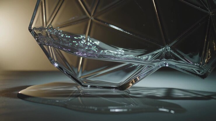 Tilting faceted bowl sending clear water sloshing across tabletop, forming small growing puddle
