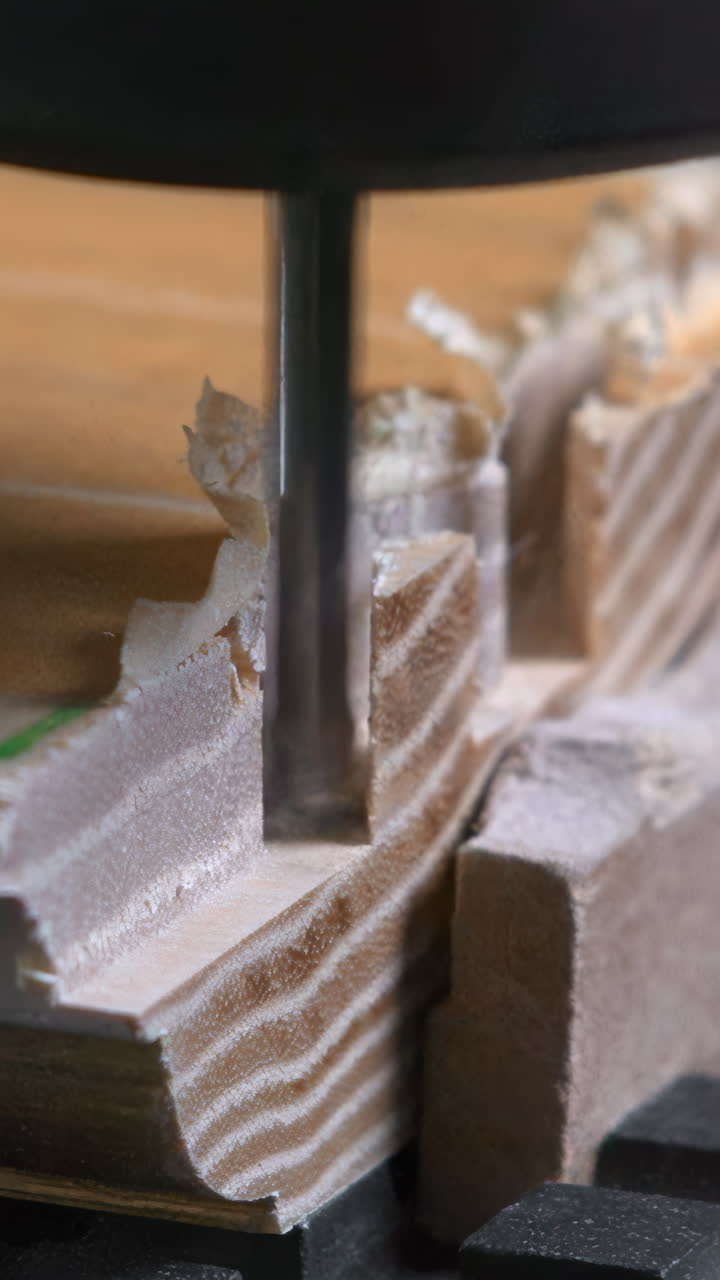 Fresatura di un prototipo di telaio per finestra su banco CNC, punta che intaglia cavità precise per giunti, giunzione nastrata e piccoli pezzi di legno. Media.