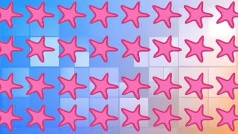 Animation-of-multiple-pink-starfish-over-colorful-squares