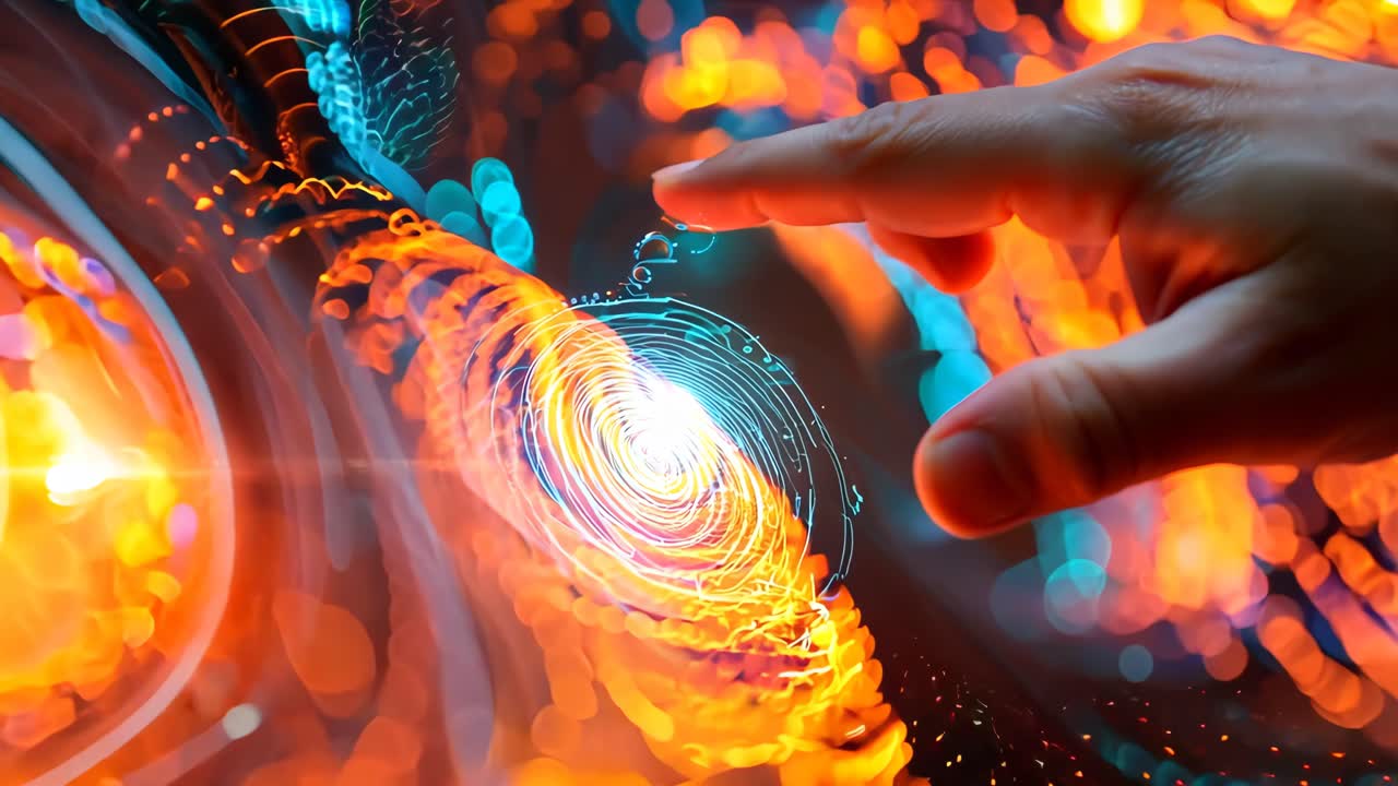 A hand pointing at a glowing screen with a red background. Concept of excitement and curiosity as the viewer is drawn to the glowing screen