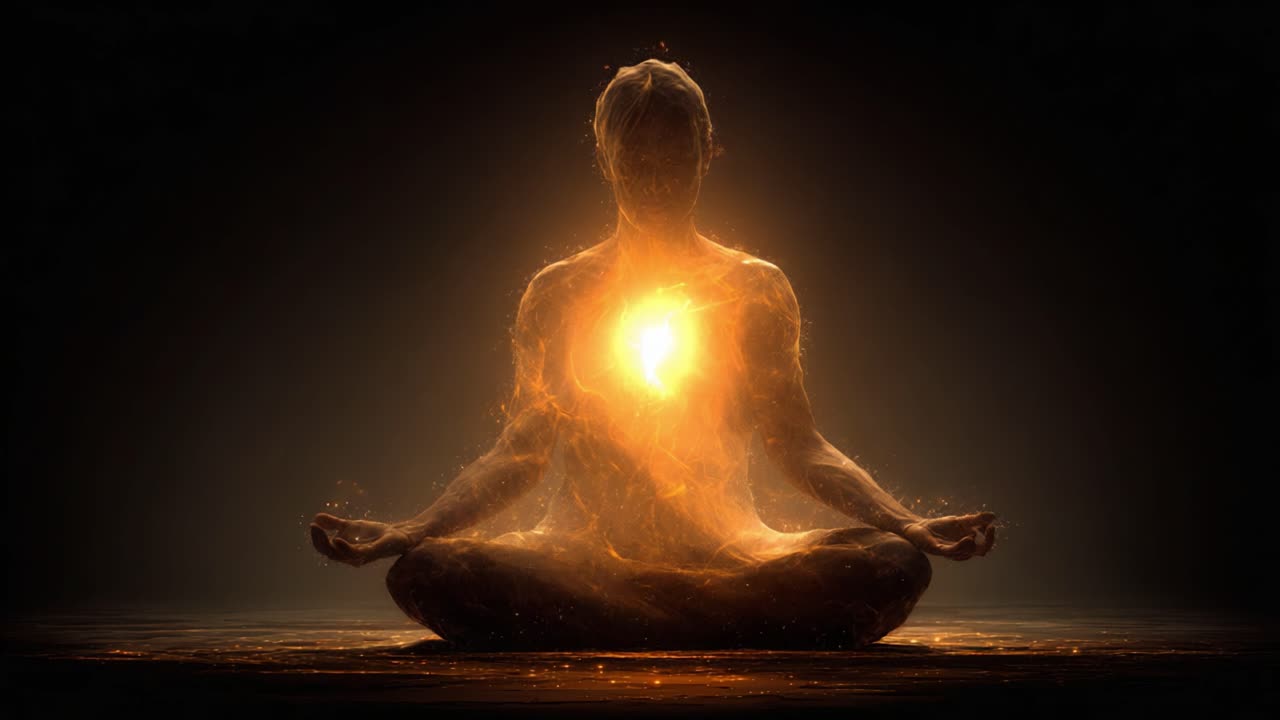 Una figura radiosa in meditazione, che emana energia vibrante e luce dal cuore, simboleggiando pace interiore, risveglio spirituale e l'essenza della vitalità in un'atmosfera serena.