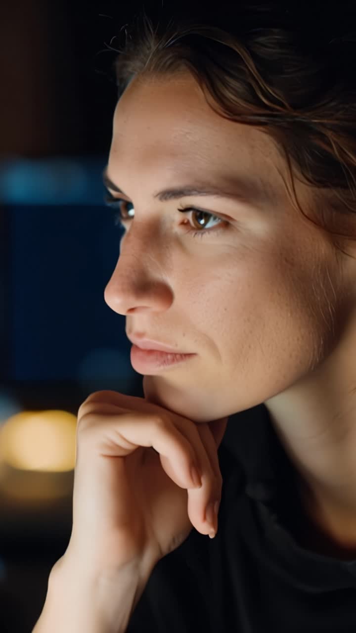 Contemplative Digital Engagement: Capturing a Young Adult's Expression of Thoughtfulness and Focus in a Thought-Provoking Setting, Illuminated by Ambient Light