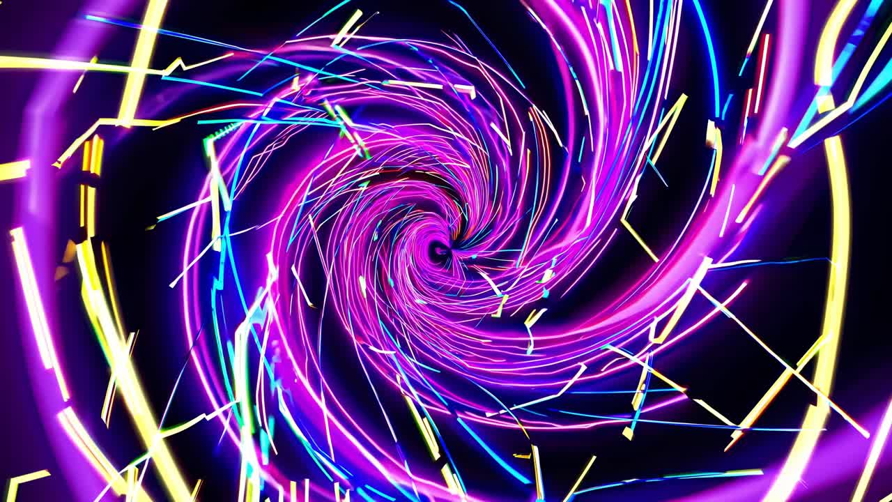 Luci al neon vorticose in colori vivaci creano un ipnotico effetto vortex, formando un'accattivante composizione astratta adatta a progetti di arte digitale