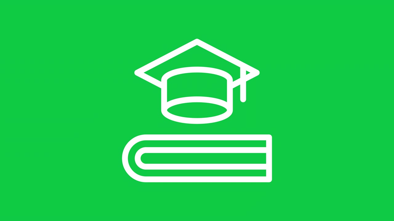Icono de birrete blanco de graduación apoyado en un libro sobre una pantalla verde