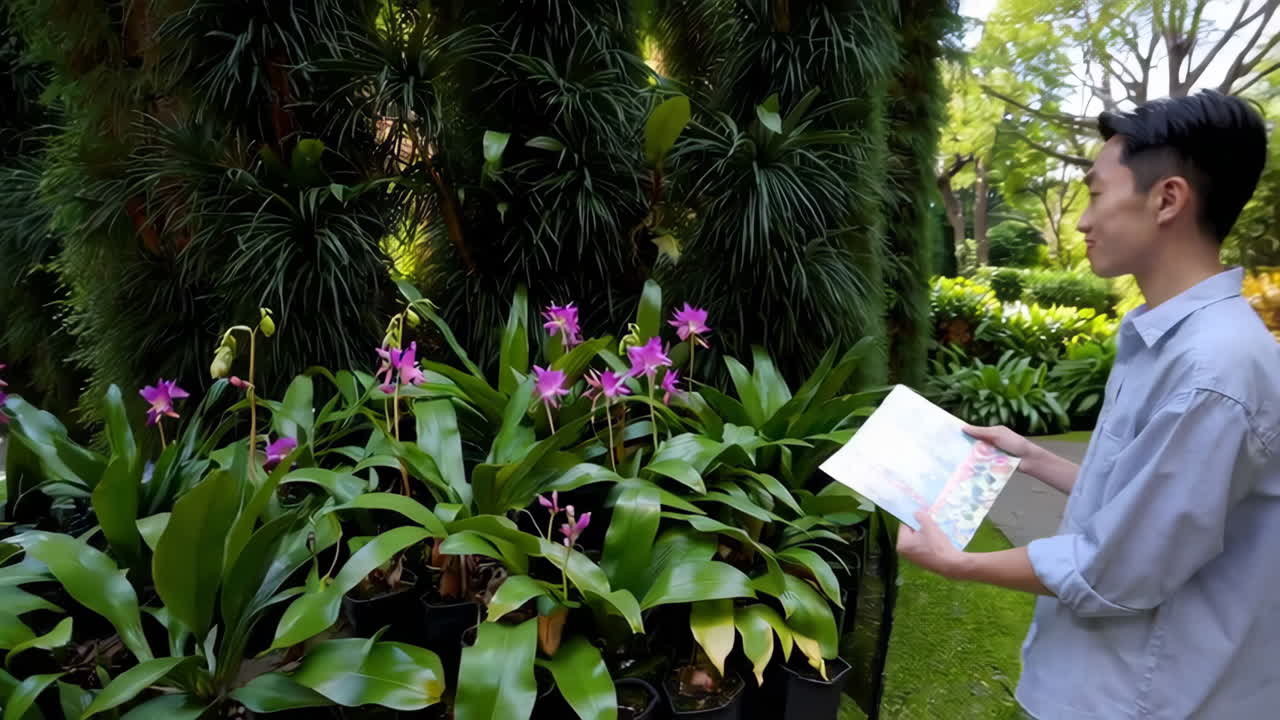 Man reading a guidebook in a beautiful garden