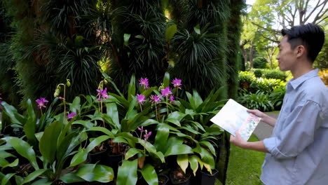 man reading a guidebook in a beautiful garden