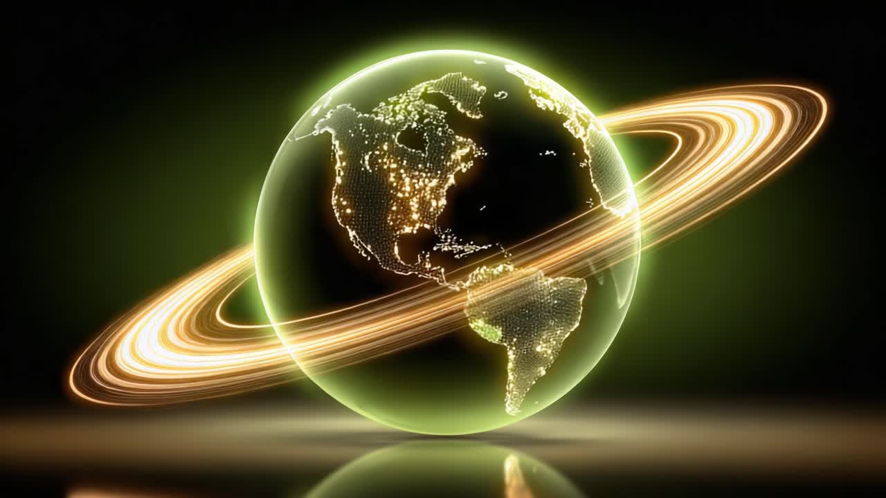 En betagende visualisering af Jorden omgivet af en glødende ring, der fanger vores planets skønhed og kompleksitet i en kosmisk kontekst.