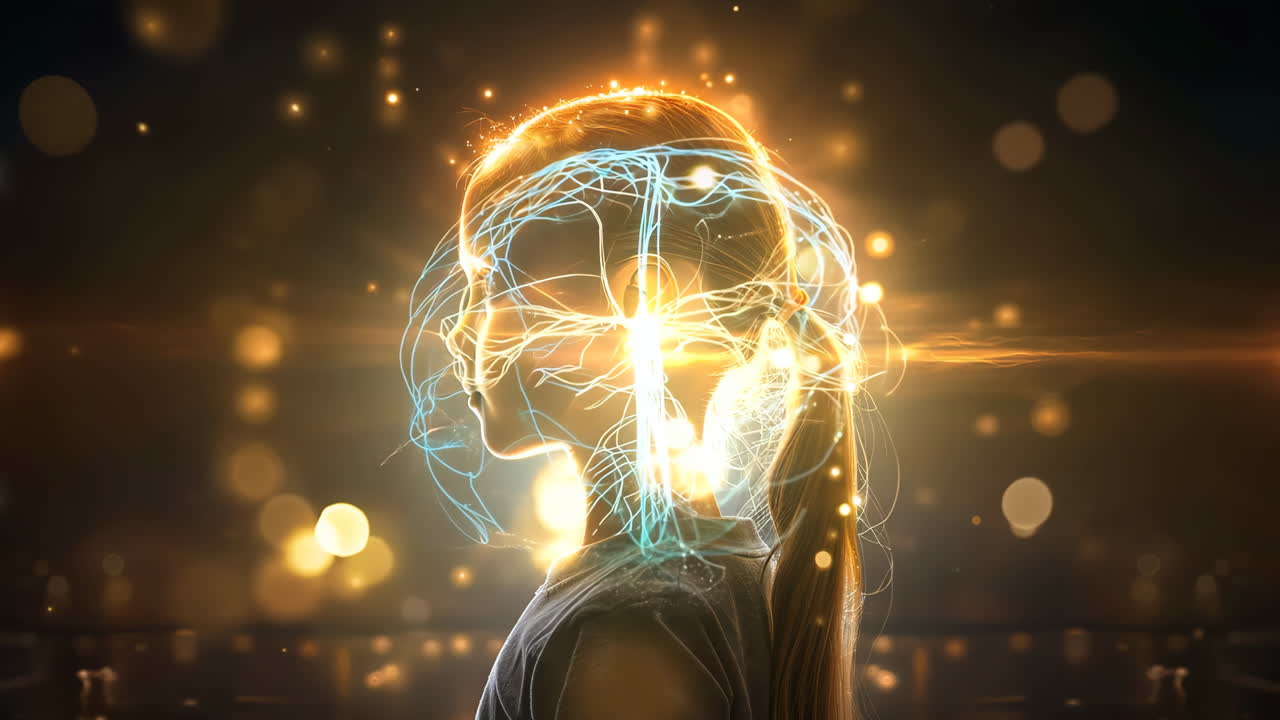 A young girl with a glowing head and a long ponytail stands in front of a dark background. The image is a creative representation of the girl's brain, with the glowing head
