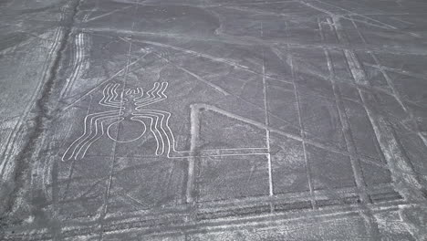 top down aerial view of mysterious humanoid creatures, historical landmark in nazca, peru