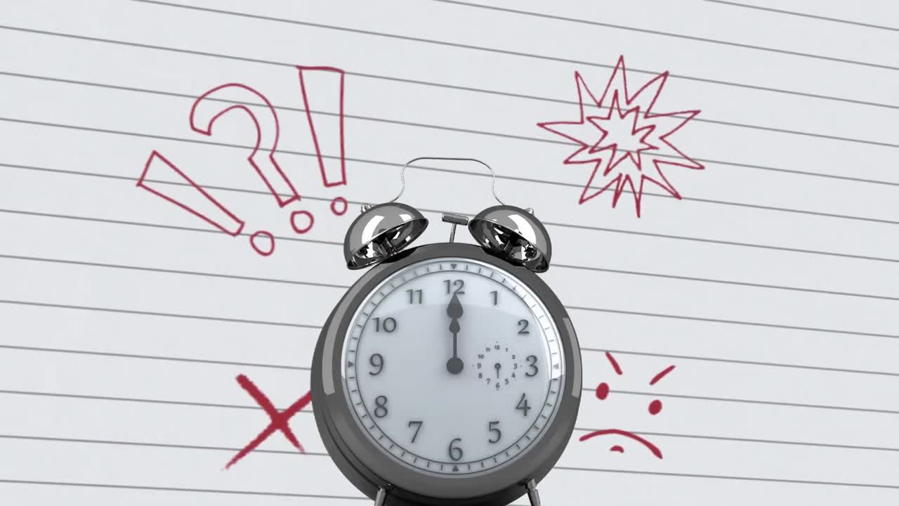 Orologio che ticchetta con diversi disegni su carta a righe bianca
