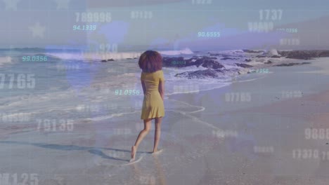 animación de números sobre mujer afroamericana caminando por la playa