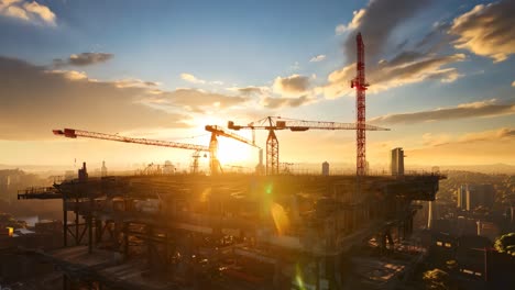 construction site at sunset with cranes in a city landscape