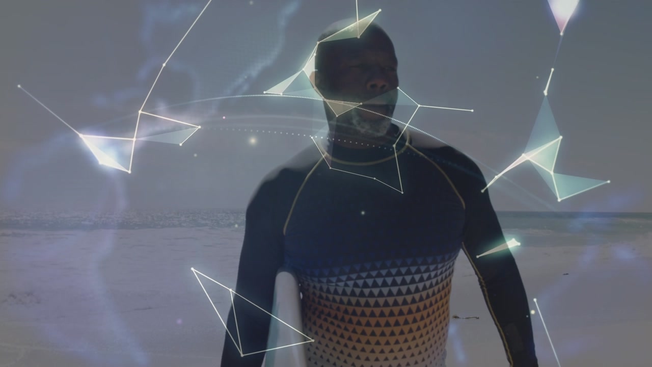 Animation of network of connections and globe over african american man holding surfboard