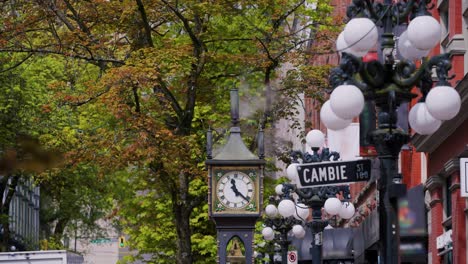 Famous-Gastown-steam-clock-with-vapor-coming-out-of-its-pipes-in-a-charming-autumnal-day,-Vancouver,-British-Columbia,-Canada