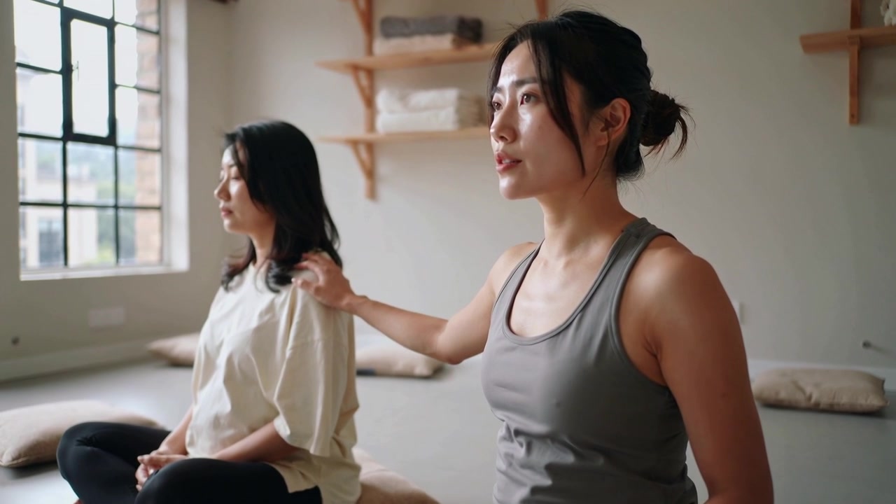 Istruttore che parla, con canotta grigia e leggings neri, che posiziona la mano per guidare il respiro in uno studio, con finestra
