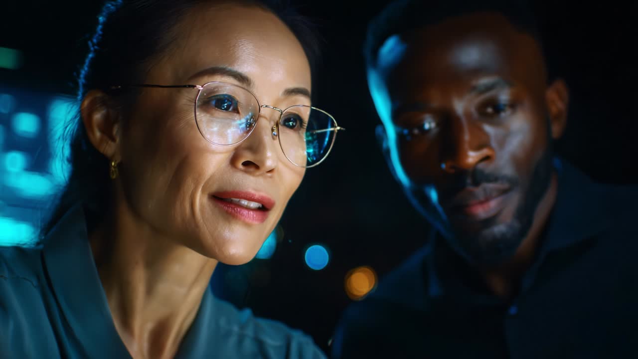 A Dynamic Duo Collaborating in the World of Technology: Engaged Professionals Analyzing Data and Insights Under Soft Blue and Warm Lighting, Showcasing Innovation and Teamwork in Their Fields