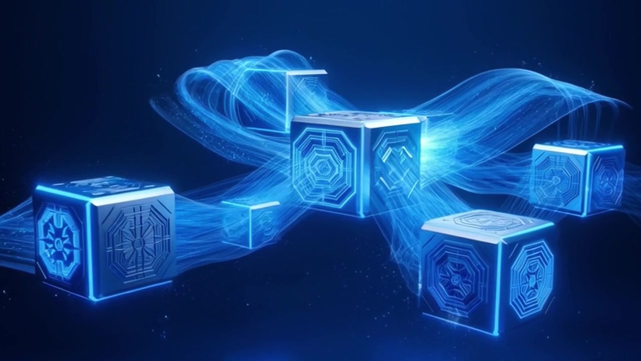 Abstract Digital Cubes Connected by Glowing Blue Data Streams