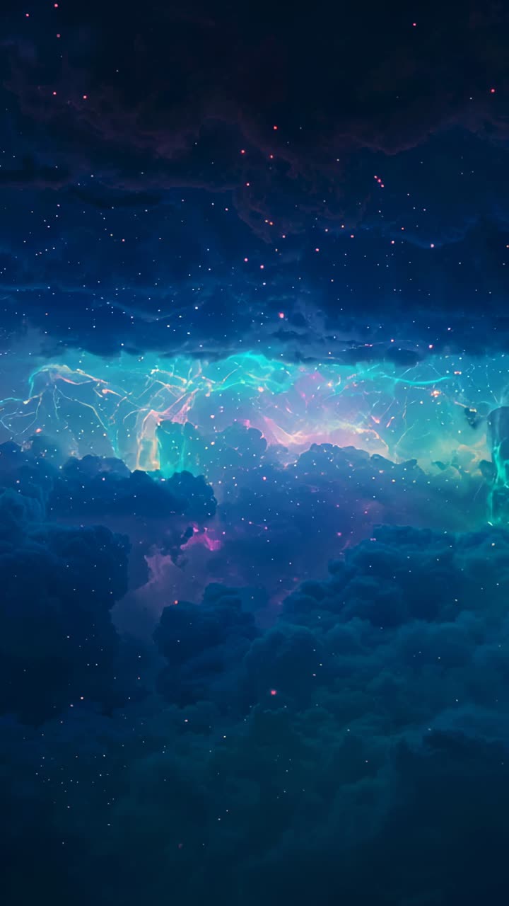 Vertical video: Pulsing cyan-green nebula band sending filaments across space, lighting dark clouds