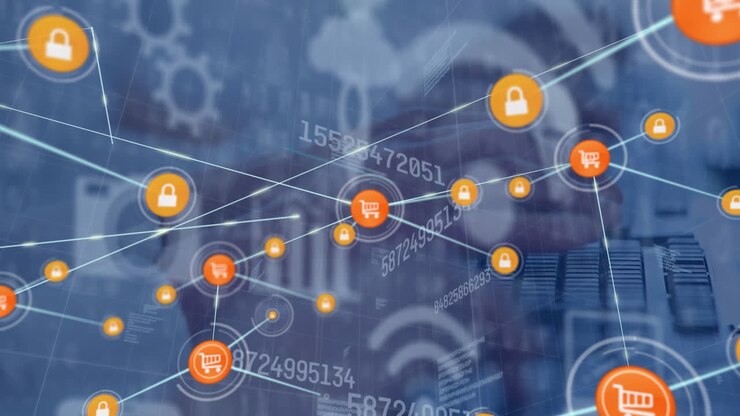 Animation of network of connections over man using computer