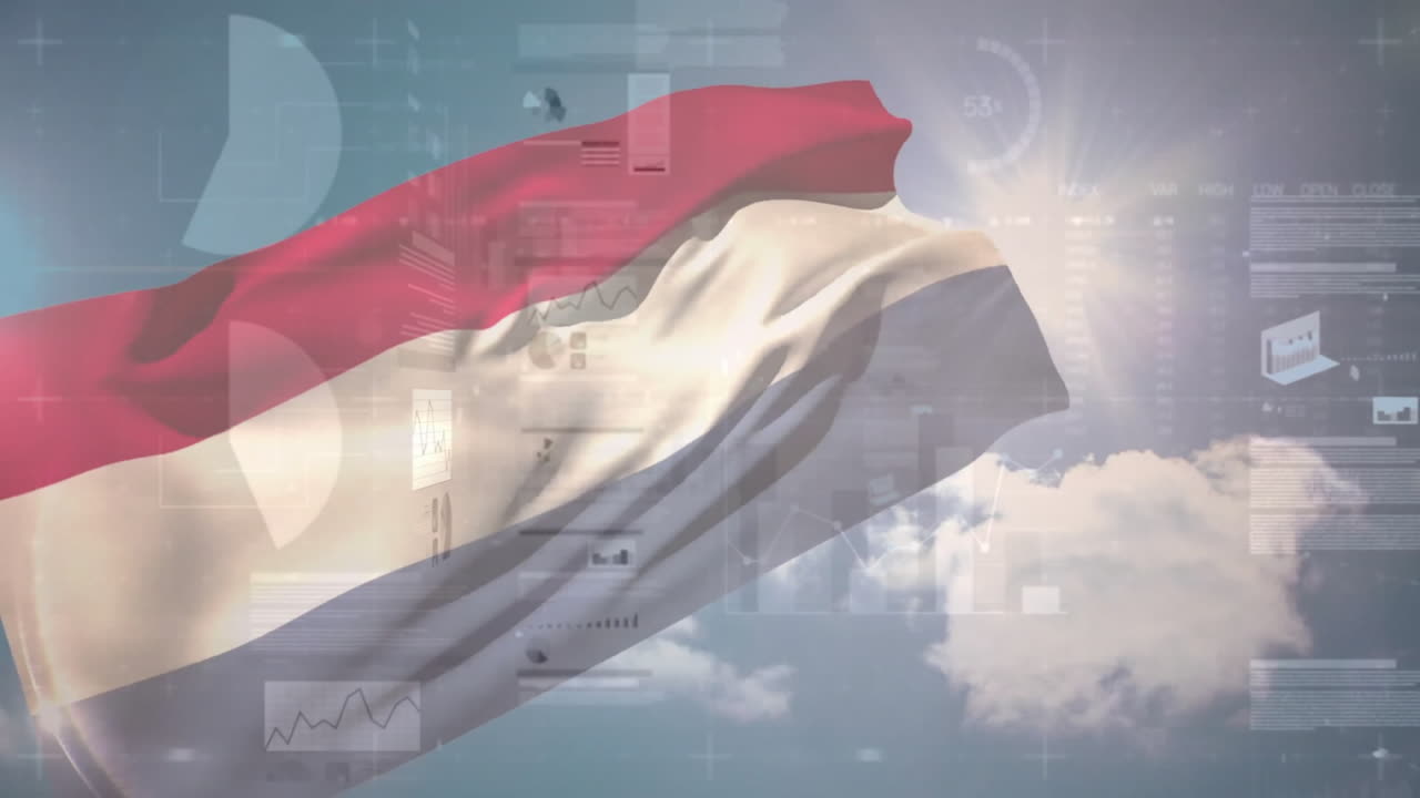 Dutch flag waving over digital data charts and graphs animation