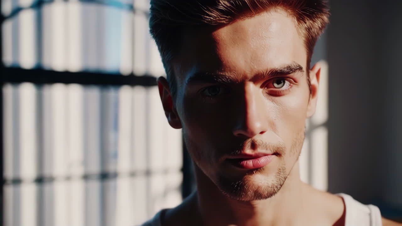 Close-up portrait of a man in a white tank top