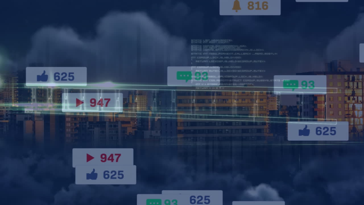 Animation of media icons and data processing over cityscape
