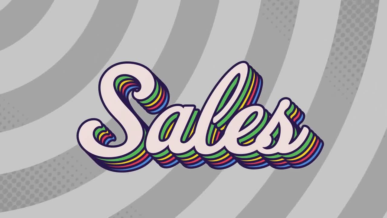 animación de un cartel de texto de ventas contra rayos radiales en un patrón sin costuras sobre un fondo gris