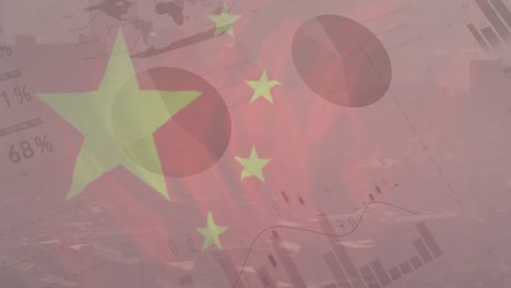 Animation-Der-Flagge-Chinas-Und-Finanzdatenverarbeitung-über-Dem-Stadtbild