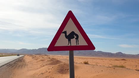 triangle road sign with camel warning located in the wilderness of arabian desert with red sand and rugged mountains landscape with blue sky in jordan, middle east