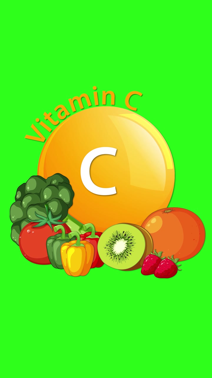 Un'icona lucida di una compressa di Vitamina C si anima, seguita da frutta e verdura colorate, su uno sfondo verde brillante. Transizioni fluide e sequenziali evidenziano fonti di cibo sano.