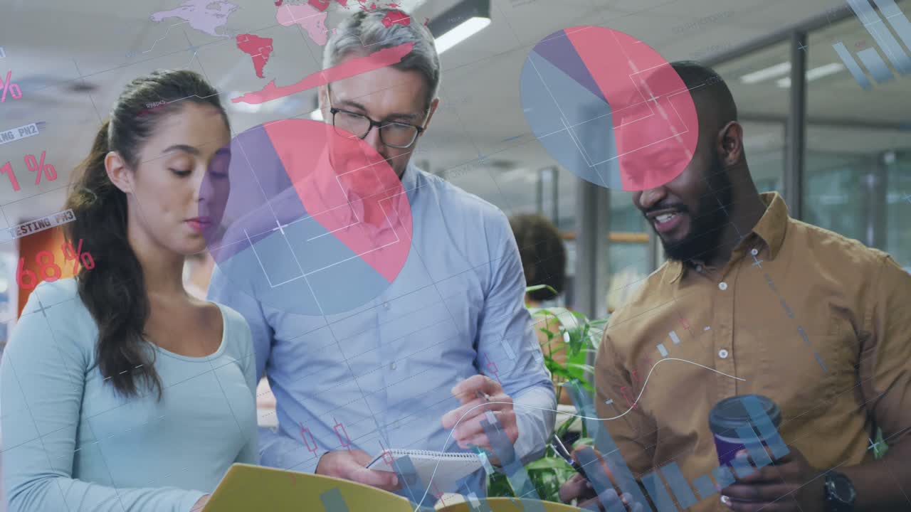 Animation of data processing over diverse business people in office