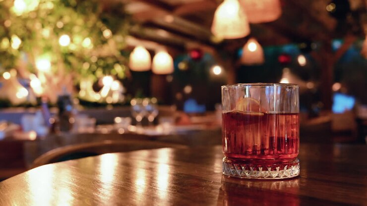 Bicchiere di cocktail rosso su un tavolo di legno all'interno di un ristorante con illuminazione calda