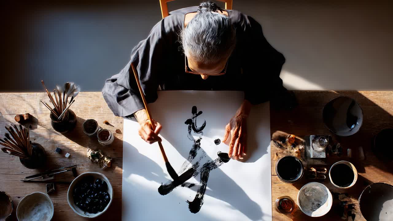 An elderly artist captures the essence of traditional ink painting with graceful brush strokes, surrounded by an array of tools, reflecting a deep connection to cultural artistry