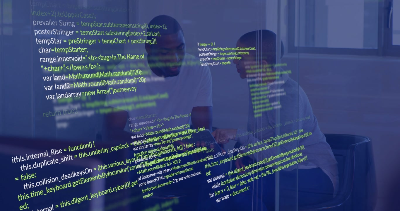 Woman pointing at tablet, man scrolling, working on tech in office, code overlay growing over them