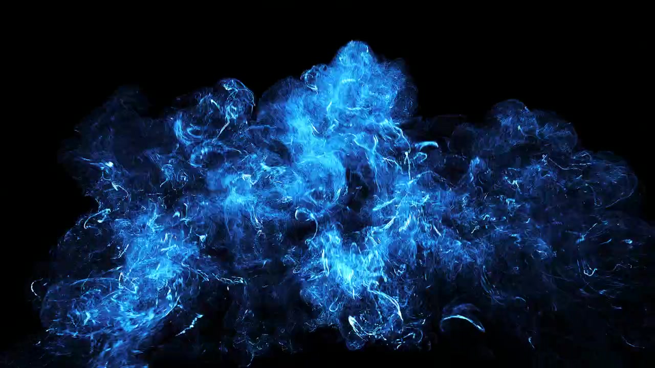 Nuvola di energia blu astratta che si espande e si dissolve su sfondo nero